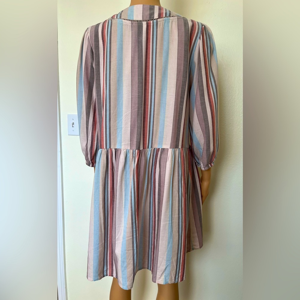 Knox Rose-Striped, Crochet Trim, Linen, Boho, Western, Baby Doll, Dress. Size-M - Picture 5 of 8